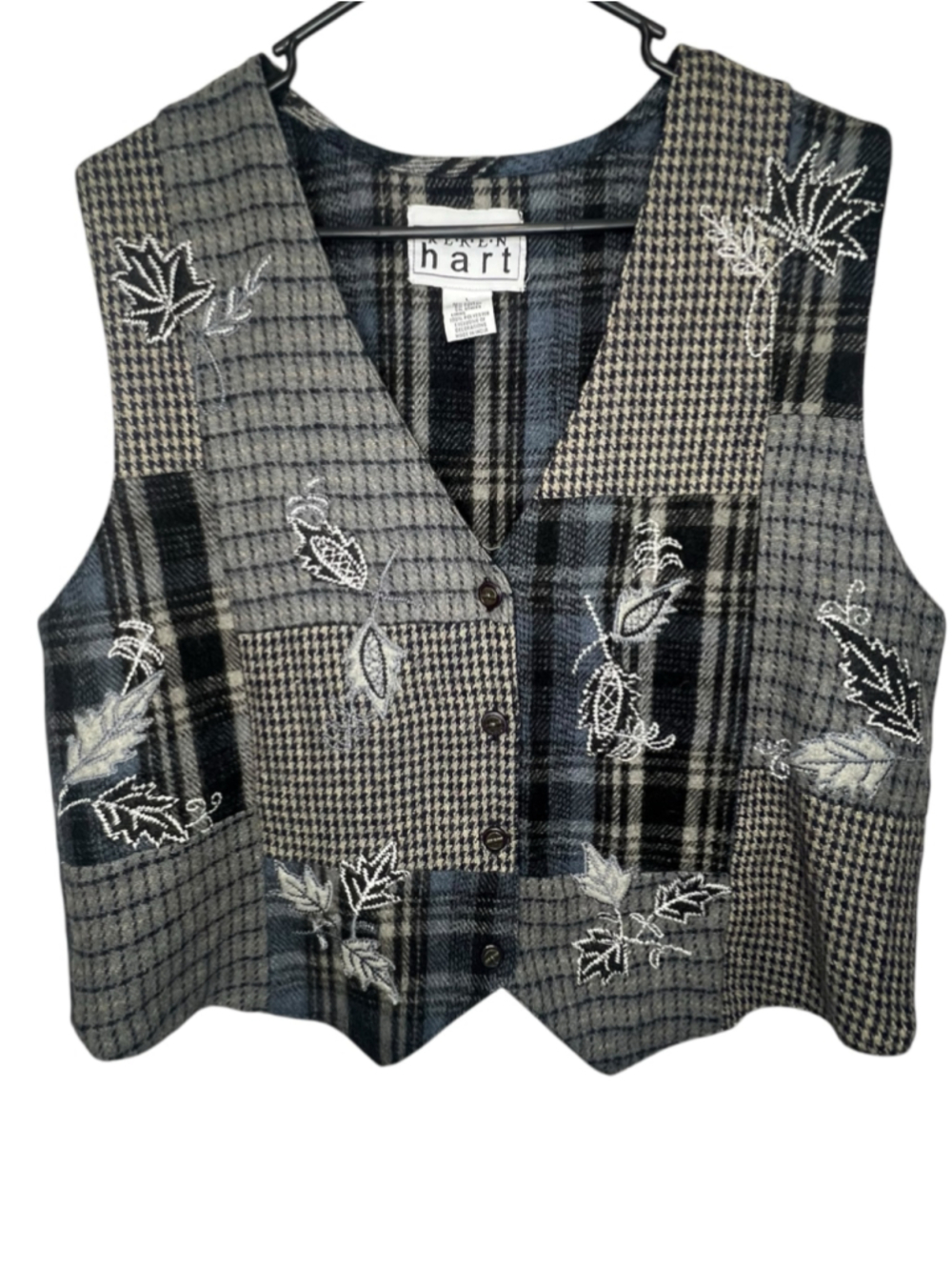 KEREN Hart Wool Blend Patchwork Plaid Embroidered Button Up Vest